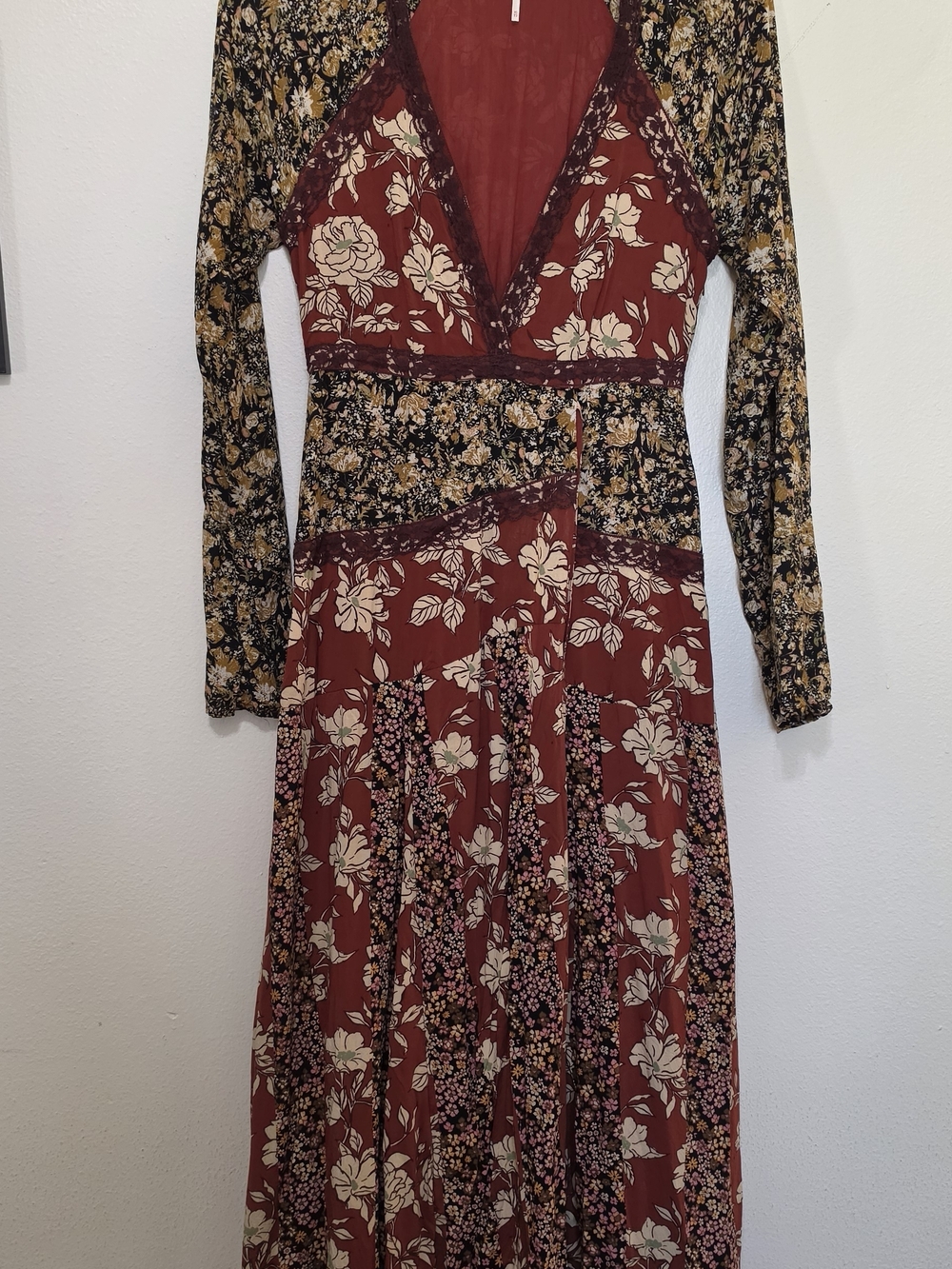 Free People Burgundy and Cream Floral Patchwork Maxi Dress